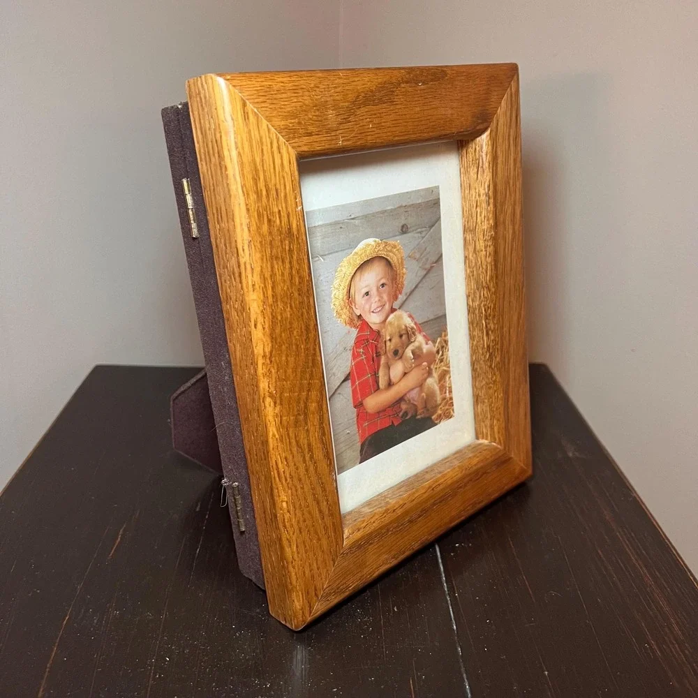 VTG Oak Picture Frame Photo Storage Box Hinged Wood Frame Album farm  cottage